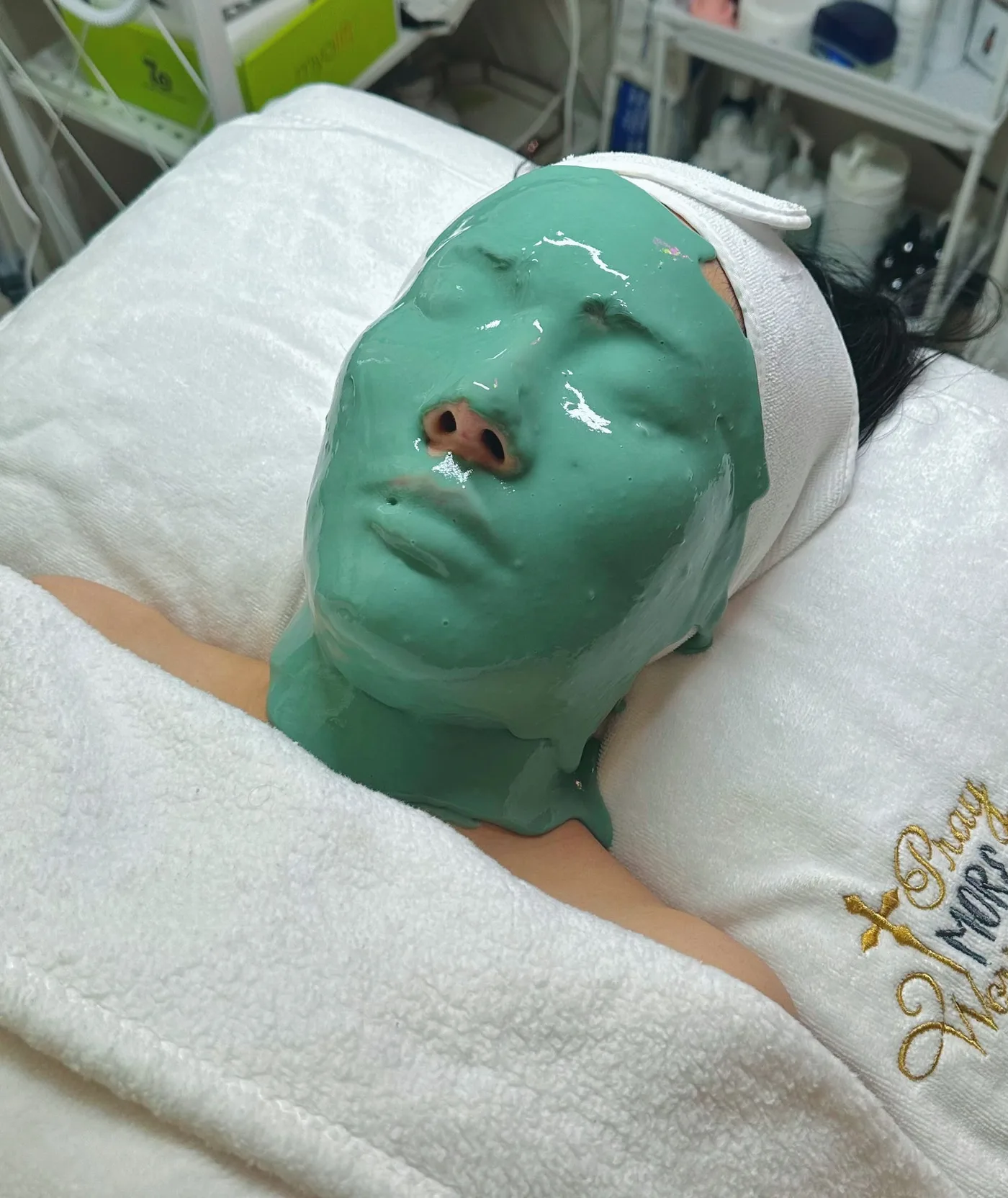 A client resting during a HydroJelly mask treatment at SORA Skin & Ritual House in Peoria, Arizona